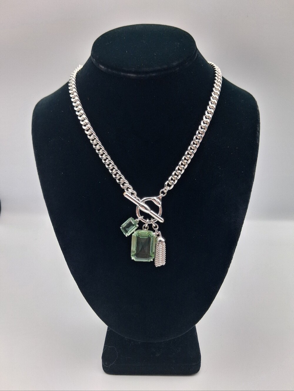 KJL Silver Chain Necklace with Green Gemstone Pendant